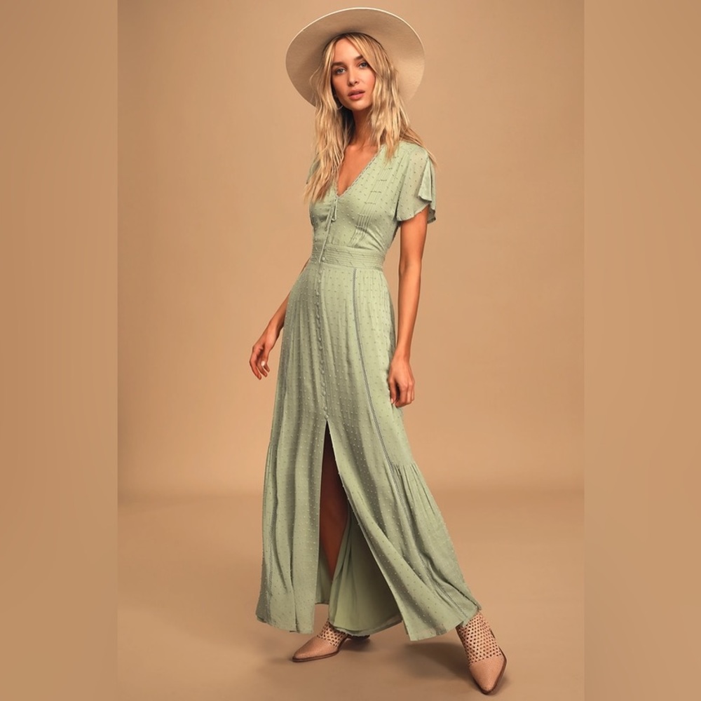 Completely In Love Sage Green Swiss Dot Button-Front Maxi Dress Lulus XS